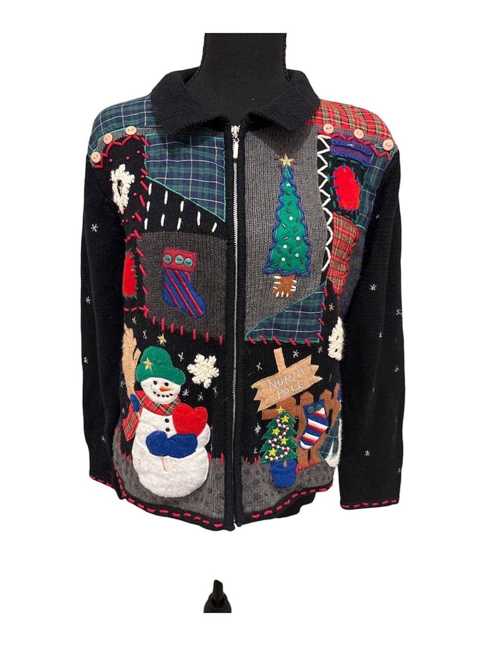 Festive Black Christmas Zip-Up Cardigan Sweater